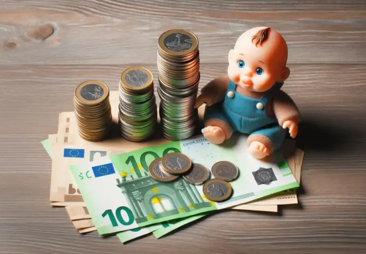 Lalka obok stosów monet i banknotów symbolizuje pytanie: jakie alimenty przy zarobkach 5000?