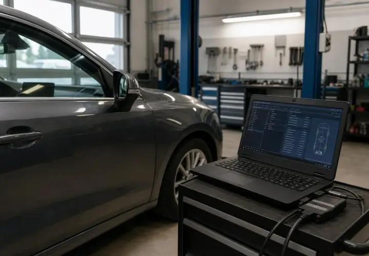 Diagnostyka komputerowa samochodu, na ekranie laptopa widoczna kontrolka ESP i schemat układu.