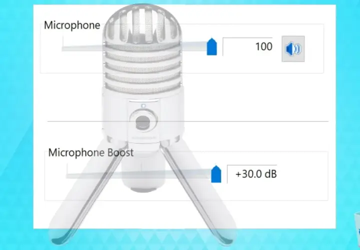 Das Mikrofon ist zu leise. Die Lautstärke ist auf 100, aber der Mikrofon-Boost ist nur auf +30 dB eingestellt.