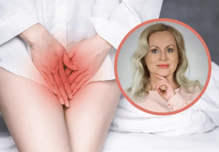 Kobieta z rękami na kroczu, gdzie widoczne jest zaczerwienienie, sugerujące objawy rzeżączki. Obok uśmiechnięta blondynka.
