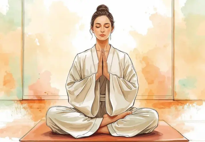 Donna in meditazione, con le mani giunte, vestita di bianco, evoca la pace del Tao Te Ching.