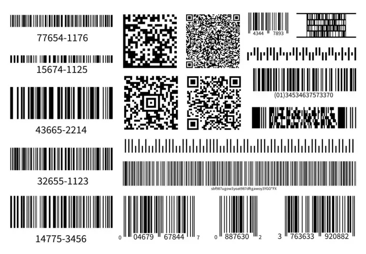 Różnorodne kody kreskowe i QR, w tym przykładowy numer GTIN.