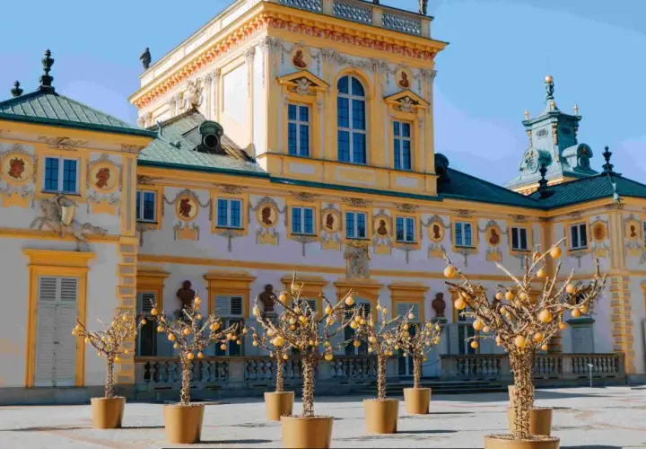 Barokowy pałac, jeden z pięknych muzeów w Polsce, z ozdobnymi drzewkami w donicach przed fasadą.