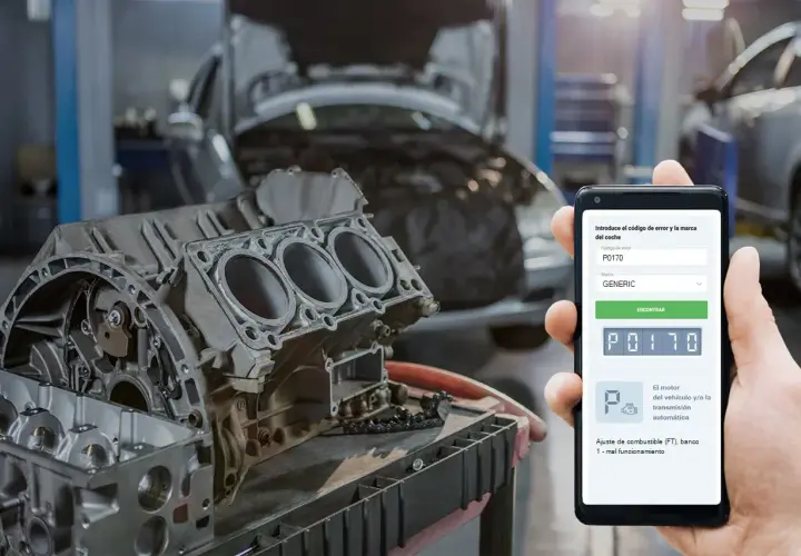 Mecánico diagnostica un motor con código de error P0170 en un Citroën, usando una app móvil.