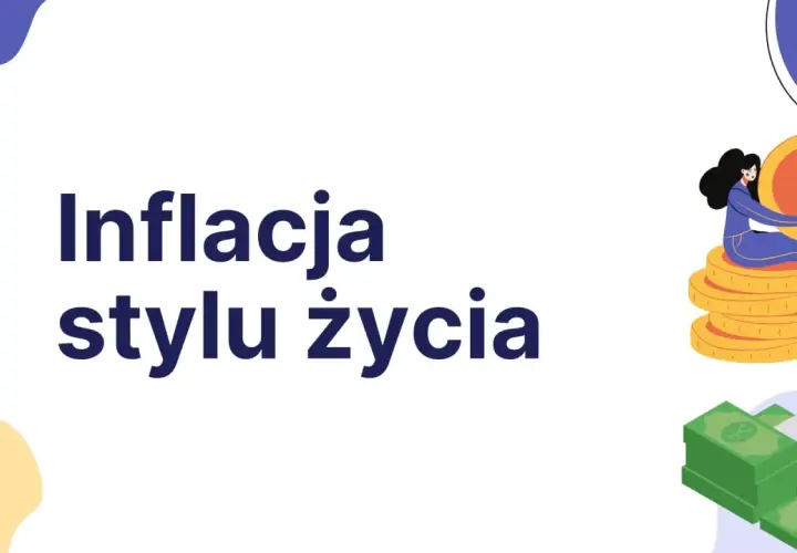 Kobieta siedzi na stosie monet, symbolizując inflację stylu życia. Obok stosy zielonych banknotów.
