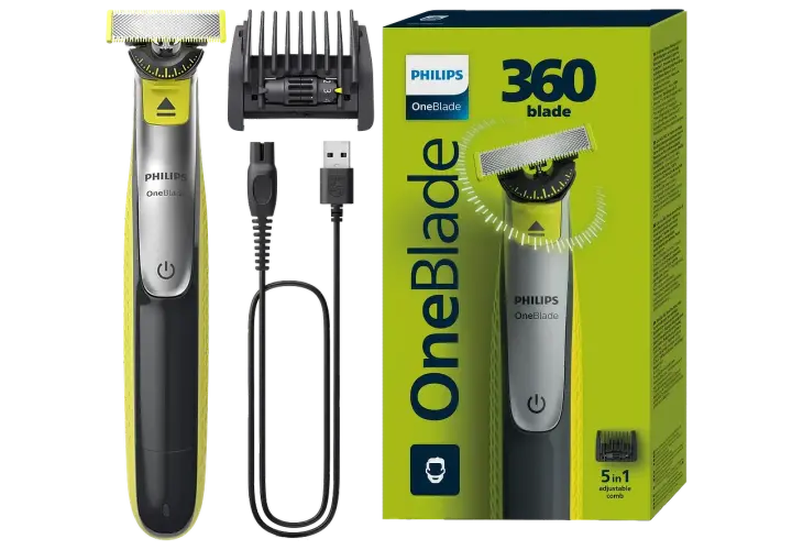 Golarka Philips OneBlade z nasadką, kablem USB i opakowaniem.