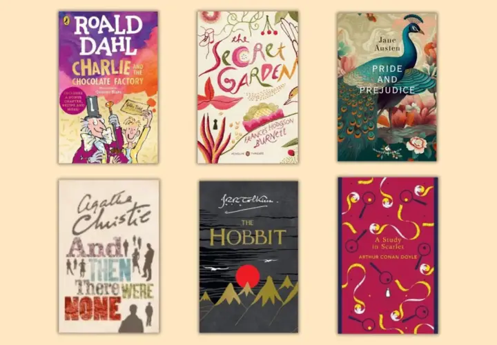 Sei libri classici per chi ama leggere in inglese: Charlie e la fabbrica di cioccolato, Il giardino segreto, Orgoglio e pregiudizio, E poi non rimase nessuno, Lo Hobbit, Uno studio in rosso.