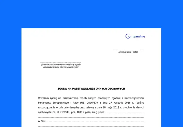 Formularz zgody na przetwarzanie danych osobowych, zawierający pole na imię i nazwisko, miejscowość i datę.