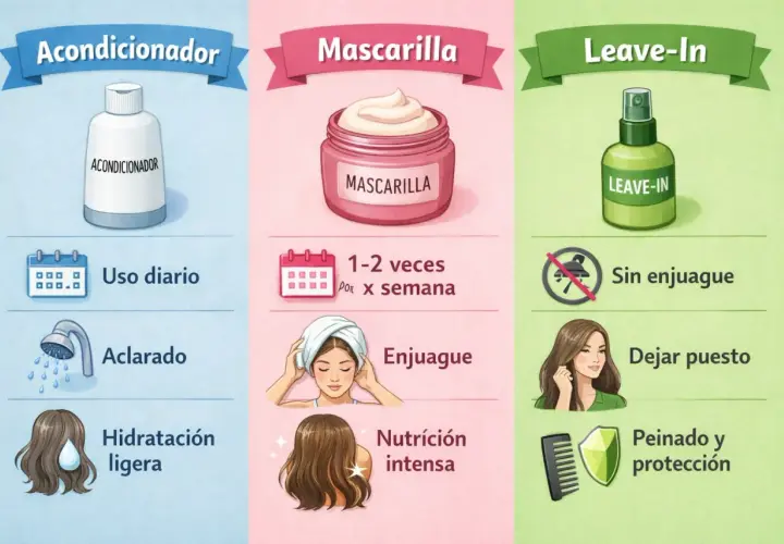 Diferencia entre mascarilla y acondicionador: el acondicionador es para uso diario y aclarado, la mascarilla para nutrición intensa 1-2 veces/semana.