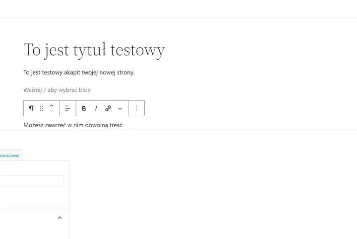 Panel edycji WordPressa, gdzie można zobaczyć jak postawić stronę na WordPressie, dodając tytuł i akapit. Yoast SEO podpowiada frazy kluczowe.