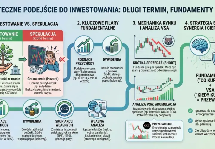 Analiza VSA: Akumulacja to rozpoznawanie skupowania akcji na spadkach, np. CCC. Potwierdzenie siły popytowej.