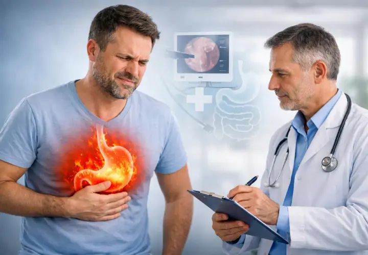 Uomo con bruciore di stomaco, medico che prende appunti. Illustrazione di stomaco in fiamme e sistema digestivo. Rimedi per l'acidità di stomaco.