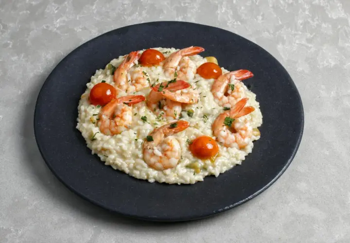 Kremowe risotto z warzywami, ozdobione krewetkami i pomidorkami koktajlowymi, posypane natką pietruszki.
