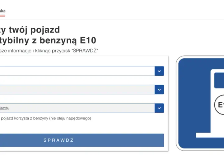 Strona Ministerstwa Klimatu i Środowiska pozwala sprawdzić kompatybilność pojazdu z benzyną E10. Widoczny symbol stacji paliw z napisem E10.