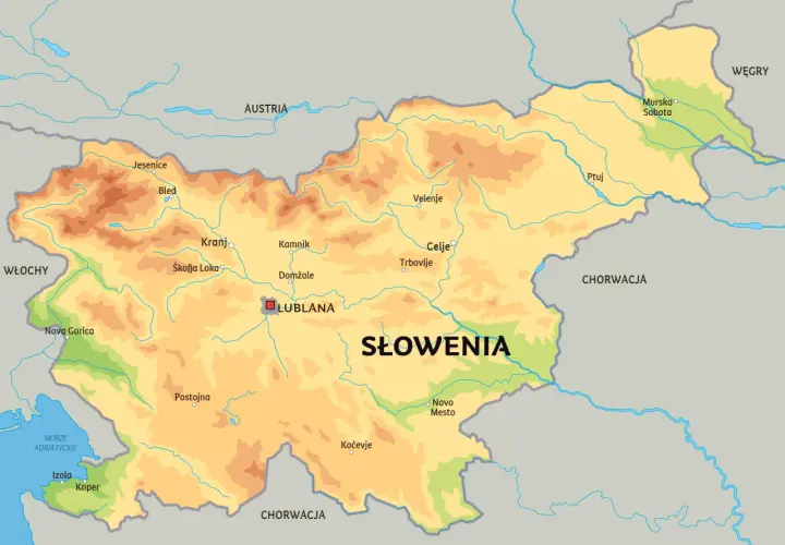 Mapa Słowenii, pokazująca jej położenie między Austrią, Włochami, Węgrami i Chorwacją, z zaznaczonymi miastami jak Lublana.