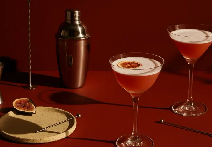 Elegancki drink z brandy, ozdobiony plasterkiem suszonej pomarańczy, obok shakera i figi.