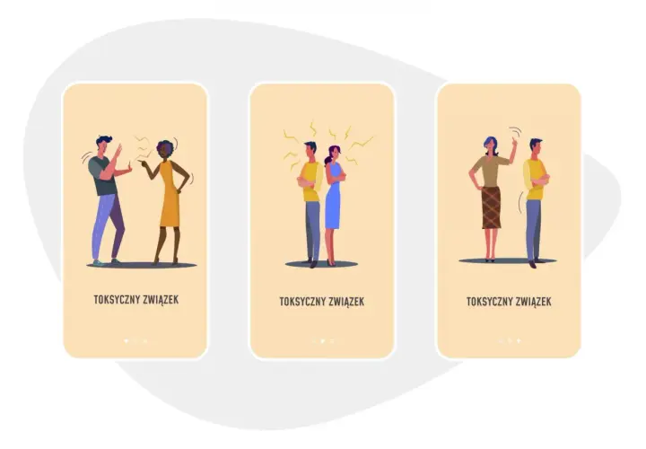 Ilustracje pokazują pary w konflikcie, symbolizujące, że toksyczny facet wraca.