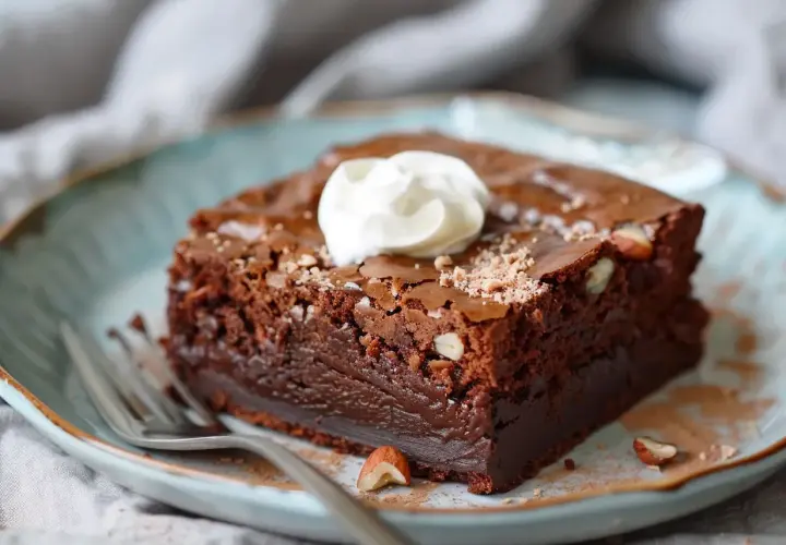 En saftig chokladbrownie med hasselnötter, toppad med grädde. Perfekt för ett enkelt brownie recept.