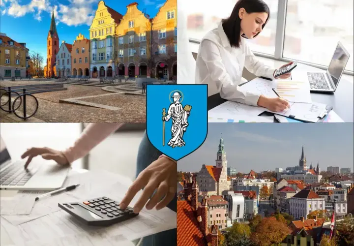 Kolaż: Rynek w Olsztynie, kobieta z kalkulatorem i laptopem, herb miasta, panorama Olsztyna.