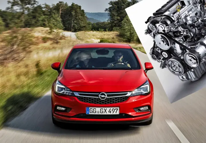 Czerwona Opel Astra Turbo pędzi po krętej drodze, a obok widok jej mocnego silnika.