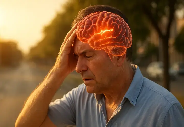 Mężczyzna z bólem głowy, świecący mózg symbolizuje odwodnienie objawy neurologiczne.