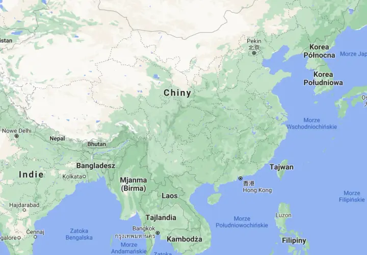 Mapa Azji Wschodniej. Widać Chiny, Indie, Tajlandię, Wietnam, Koreę Północną i Południową, Japonię, Filipiny. Sąsiedzi Chin to m.in. Indie, Nepal, Bhutan, Mjanma, Laos, Wietnam, Rosja, Kazachstan, Kirgistan, Tadżykistan, Afganistan, Pakistan, Iran, Tur...