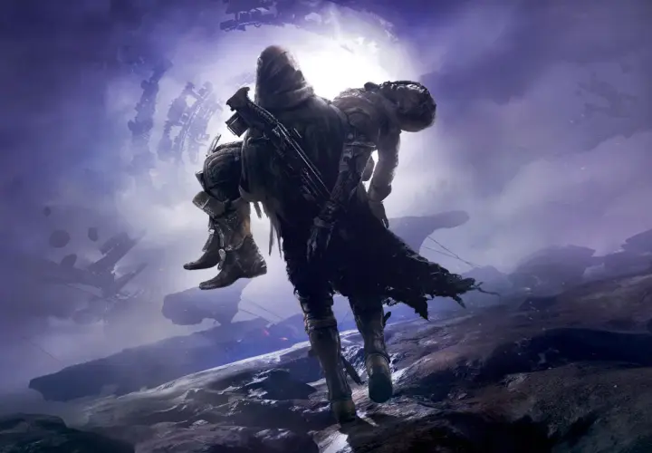 Strażnik niesie rannego towarzysza przez kosmiczną pustynię. To kluczowy moment w **Destiny 2 poradnik**.