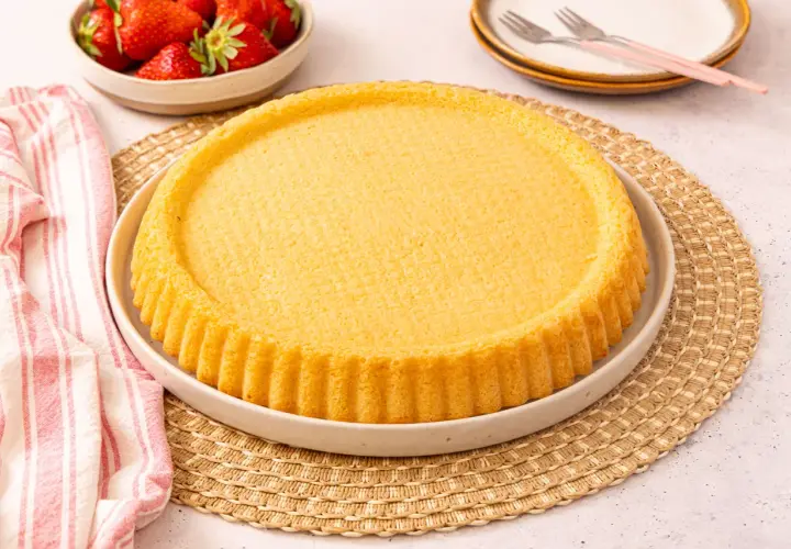 Ein goldbrauner, runder Kuchenboden, perfekt für ein Erdbeerboden Rezept. Daneben eine Schüssel mit frischen Erdbeeren.