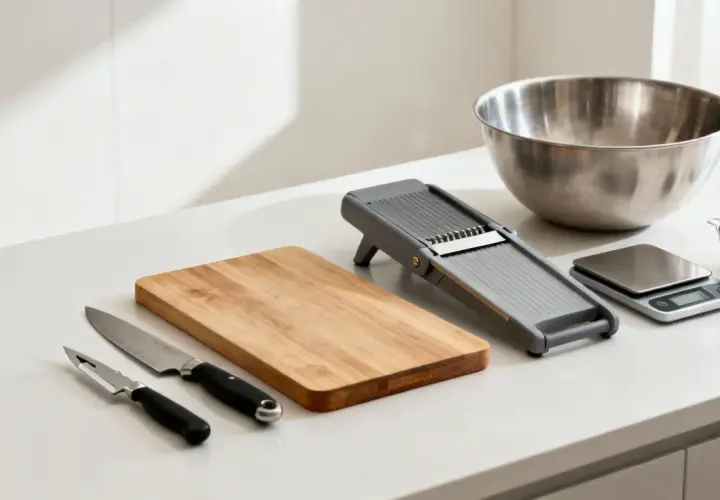 Liste d'ustensiles de cuisine : couteaux, planche à découper, mandoline, balance, bol et verre mesureur.