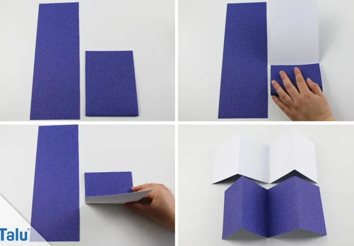 Schritt-für-Schritt-Anleitung, wie man eine Klappkarte basteln kann. Papier wird gefaltet und zusammengeklebt.