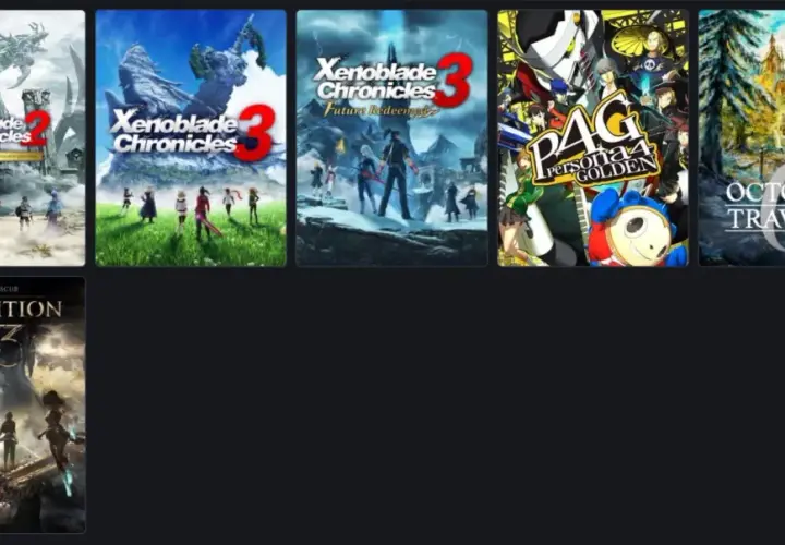 Okładki gier: Xenoblade Chronicles 2, 3, Future Redeemed, Persona 4 Golden, Octopath Traveler i Expedition. Opowieści o przeznaczeniu, które wciągają graczy w fantastyczne światy.