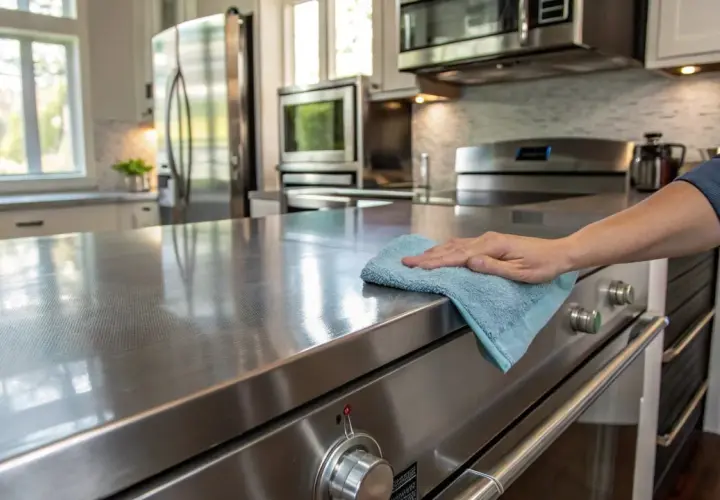 Mano limpiando una encimera de acero inoxidable con un paño azul. El proceso de limpiar metal en esta cocina moderna es clave para su brillo.