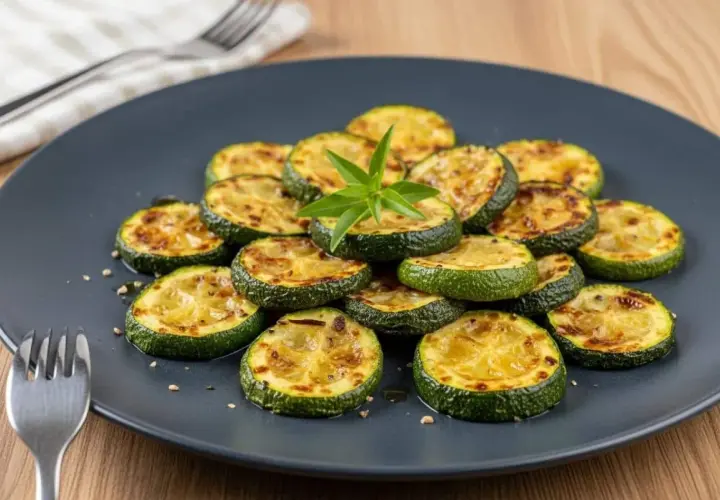 Assiette de courgettes au four, grillées à la perfection, garnie d'une touche de verdure. Un délice simple et sain.