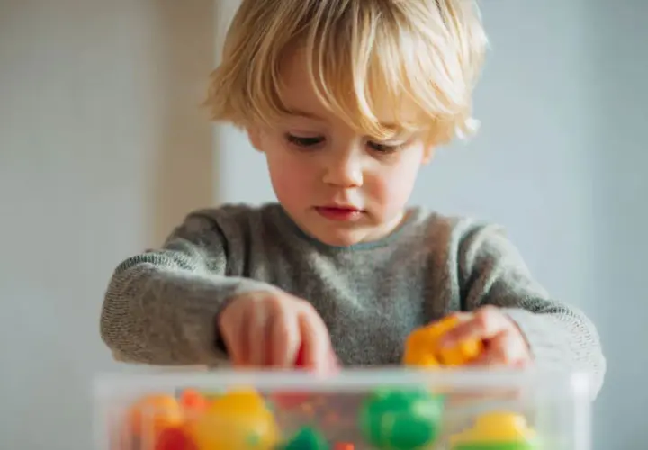 Niño rubio concentrado jugando con bloques de colores en una caja transparente, preparándose a guardar.