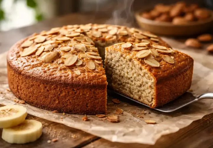 Un délicieux gâteau sans sucre, garni d'amandes effilées, avec une part servie sur une pelle.