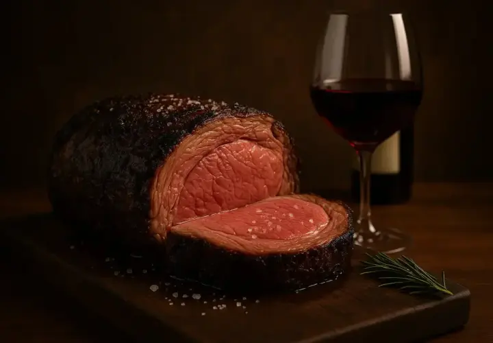 Un rôti de viande rouge juteux, parfaitement assaisonné, accompagné d'un verre de vin rouge. Un délice pour les sens.