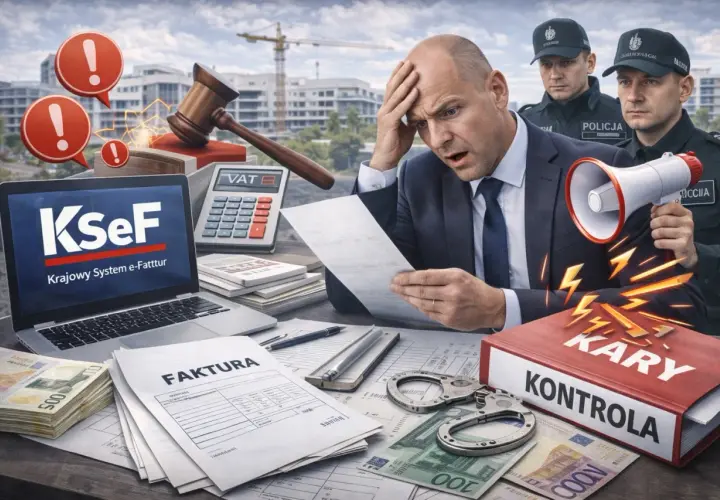 Zestresowany mężczyzna z dokumentami, obok laptop KSeF, kalkulator VAT, kajdanki i książka "KONTROLA KARY". Wygląda na to, że czeka go kontrola, a faktura nie VAT może być problemem.