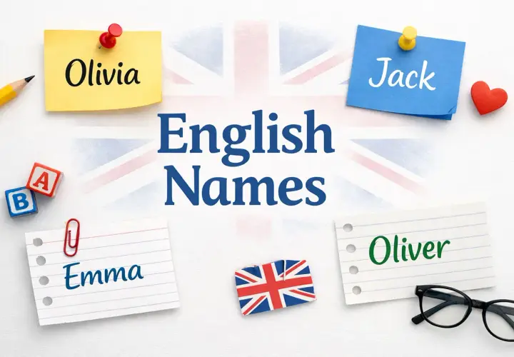 Napis "English Names" na tle flagi Wielkiej Brytanii, otoczony karteczkami z imionami: Olivia, Jack, Emma, Oliver.