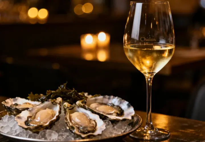 Un verre de vin blanc frais et des huîtres sur glace. Le parfait accord pour des fruits de mer.