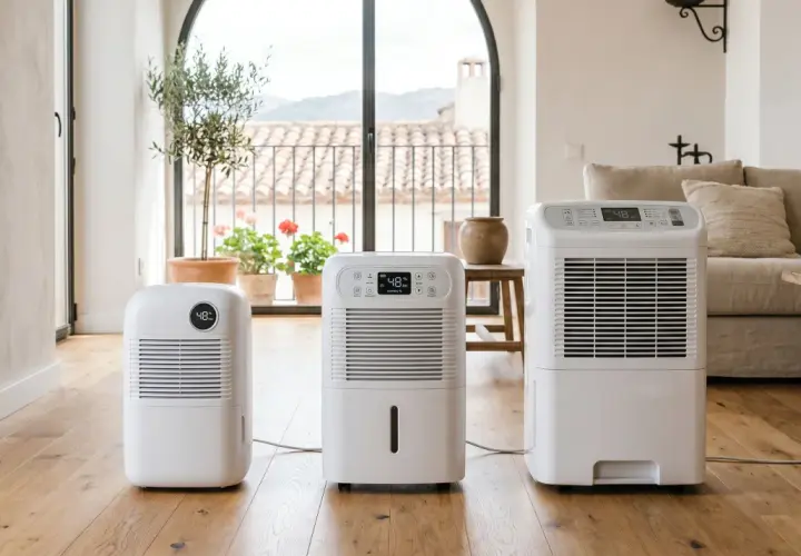 Tres deshumidificadores blancos en un suelo de madera. Uno de ellos muestra "48% Humidity", indicando que un deshumidificador enfria el ambiente.