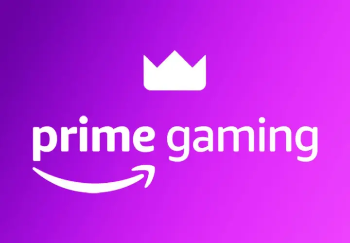 Logo Prime Gaming z koroną i strzałką Amazon na fioletowym tle.