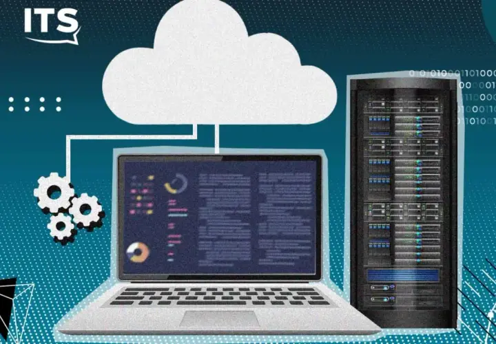 Illustration d'un cloud, d'un serveur et d'un ordinateur portable affichant des données, symbolisant des systèmes d'information interconnectés.