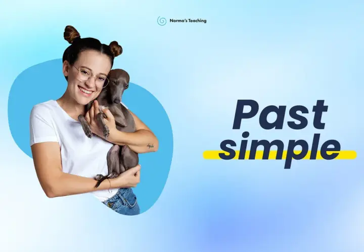 Impara il past simple con Norma's Teaching. Una ragazza sorride tenendo un cane.