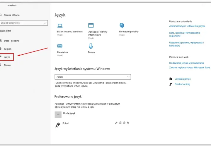 Ustawienia systemu Windows 10: sekcja Język. Możliwa zmiana języka wyświetlania systemu, preferowanych języków i ustawień klawiatury.