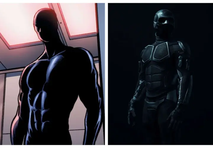 Le **black noir sans masque** de la BD à gauche, et le même héros en costume réaliste à droite.