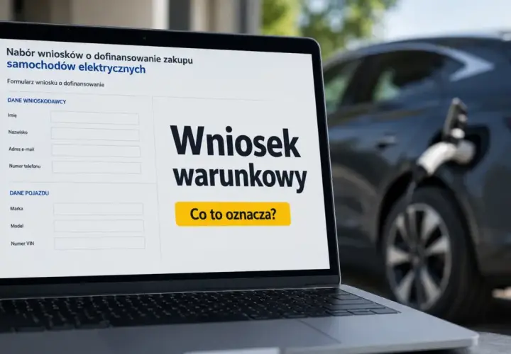Laptop wyświetla formularz wniosku o dofinansowanie zakupu samochodu elektrycznego, w tle ładowany samochód elektryczny.