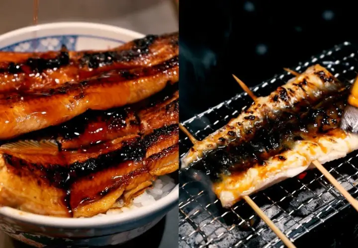 A bowl of rice topped with glistening grilled eel, and another piece of grilled eel being brushed with sauce over a grill.