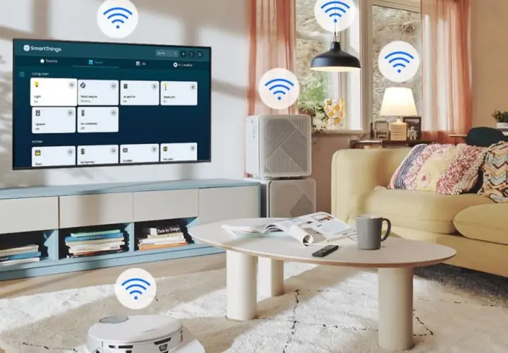 Salon z robotem sprzątającym i inteligentnymi urządzeniami sterowanymi przez smart hub.