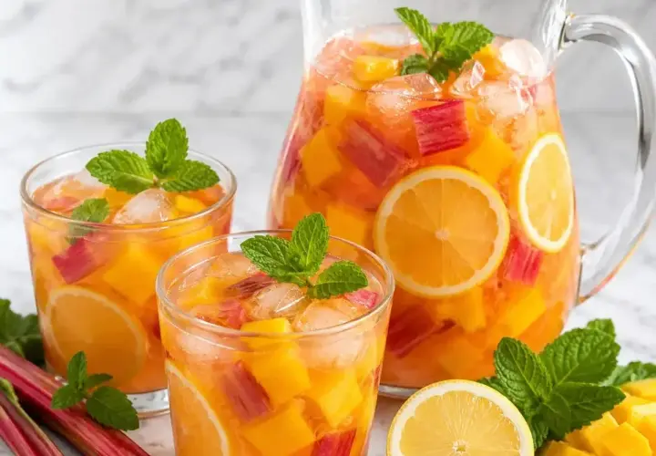 Orzeźwiająca lemoniada z rabarbaru, mango i cytryny, podana z lodem i miętą. Idealna na upalne dni.
