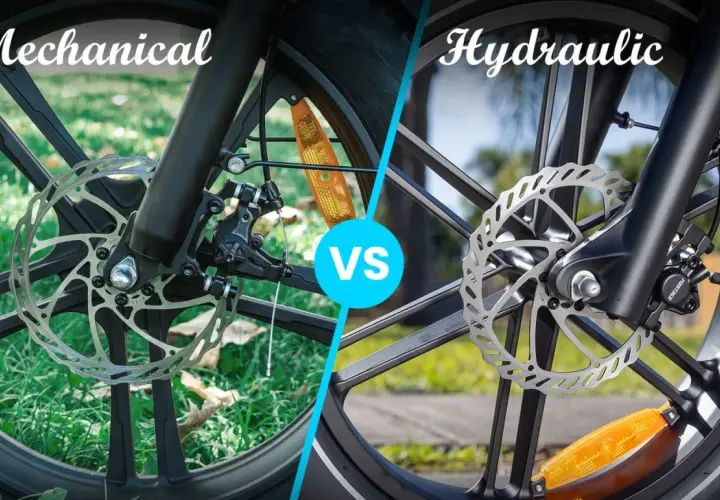 Comparing mechanical vs hydraulic disc brakes on bicycles. The left shows a mechanical brake with a cable, while the right displays a hydraulic brake system.